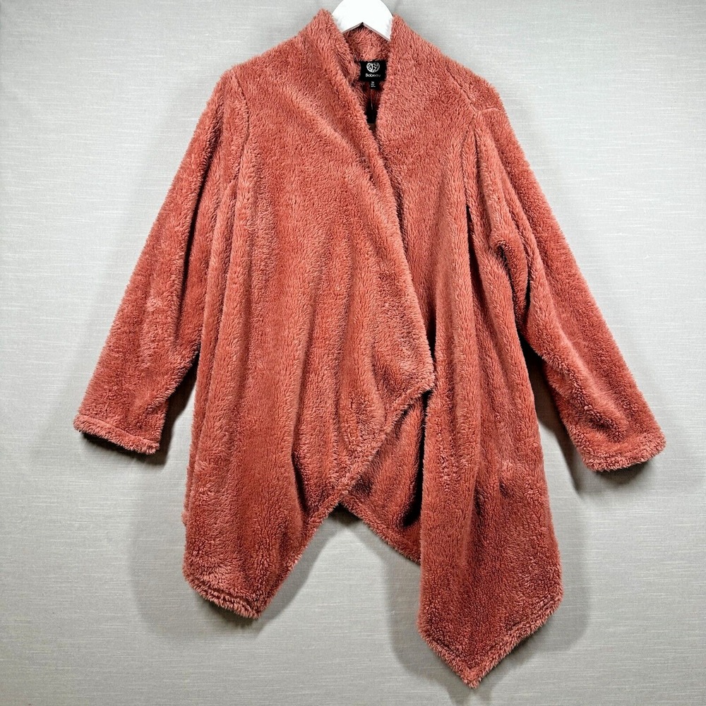 Bobeau Cardigan Womens 1X  Pink Withering Rose Faux Fur Drape Snap Asymmetrical